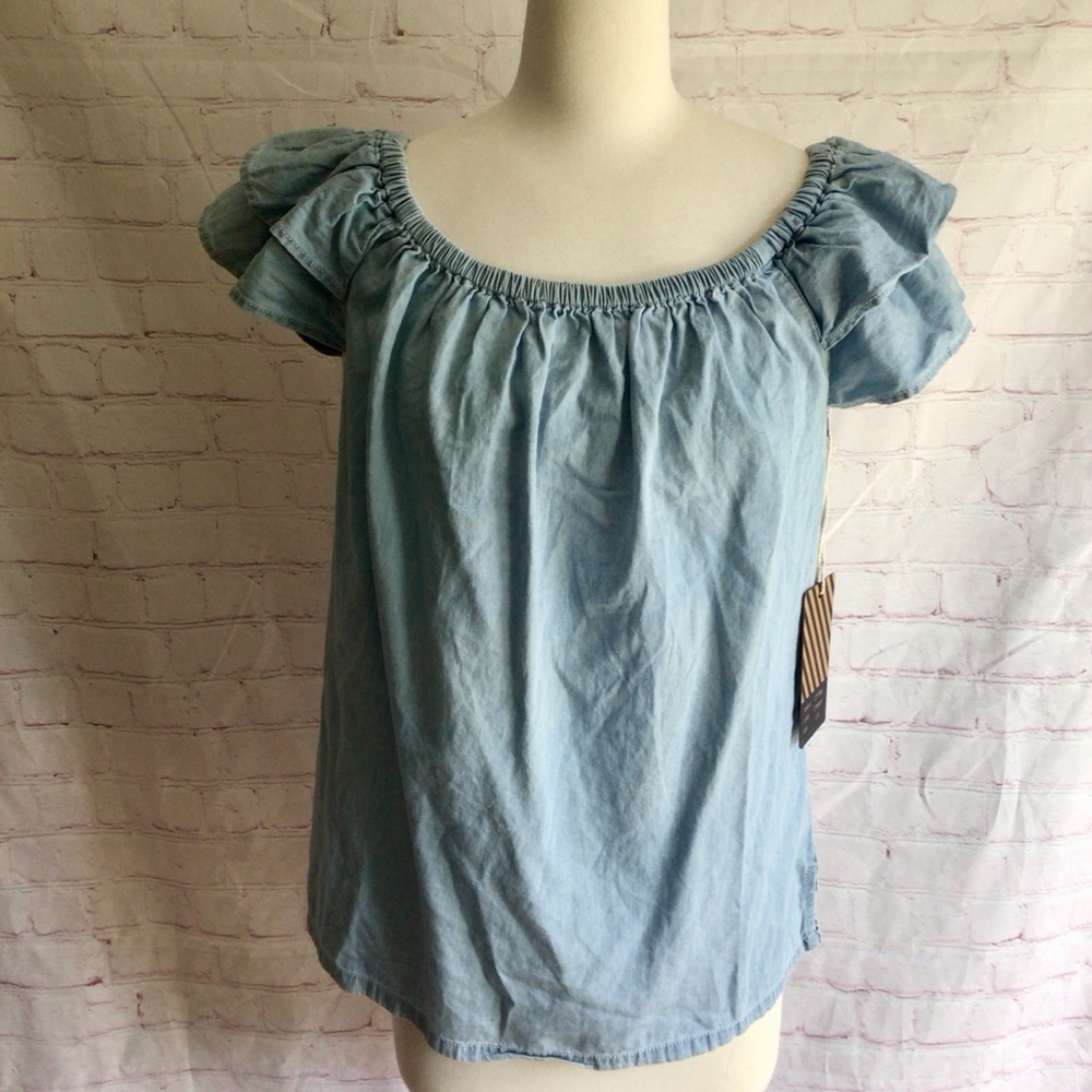 Cavalini Denim Collection Blue Ruffled Sleeve Blouse - Size Large